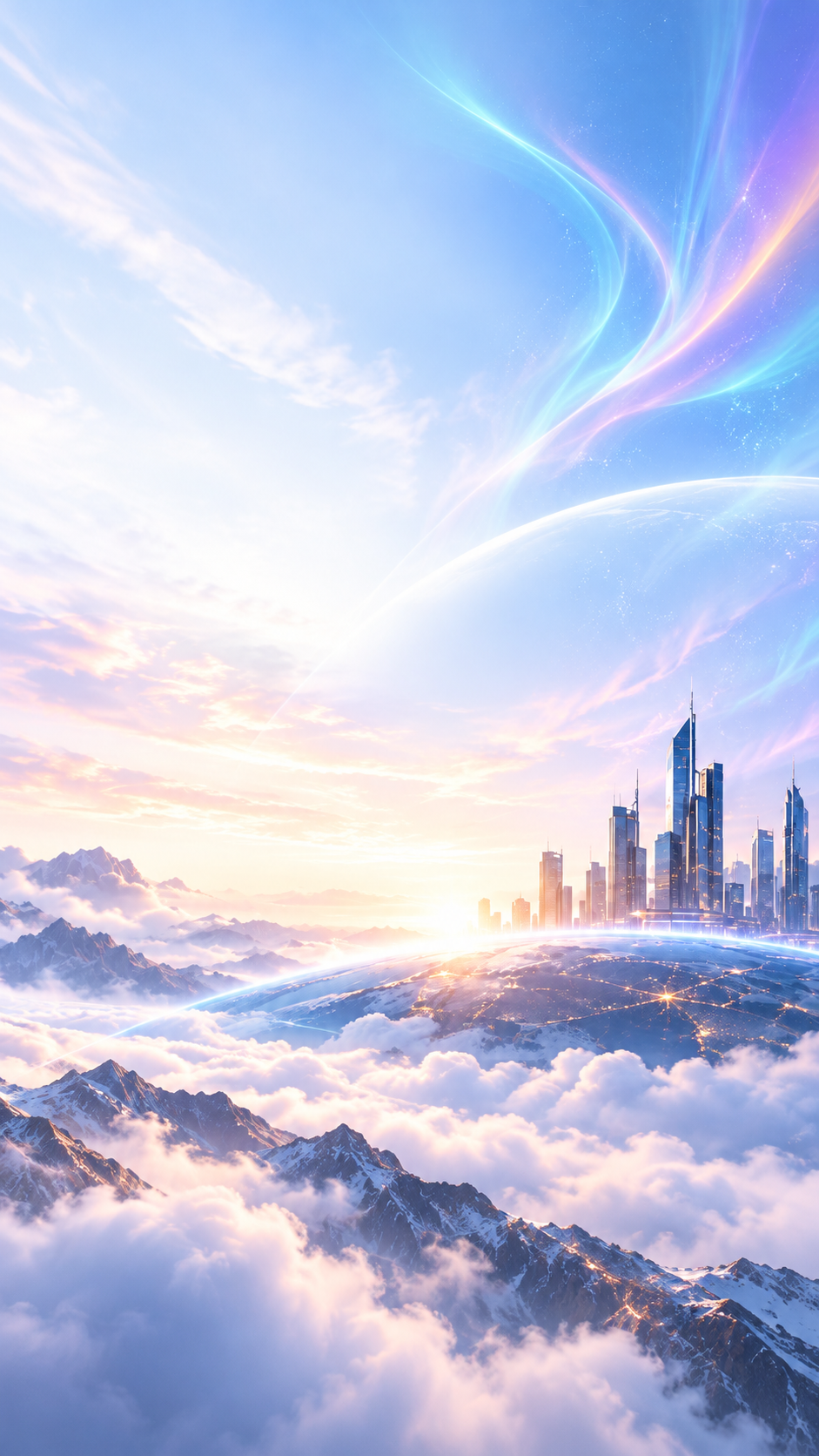 Futuristic glass-domed city rising above the clouds beneath a soft aurora sky